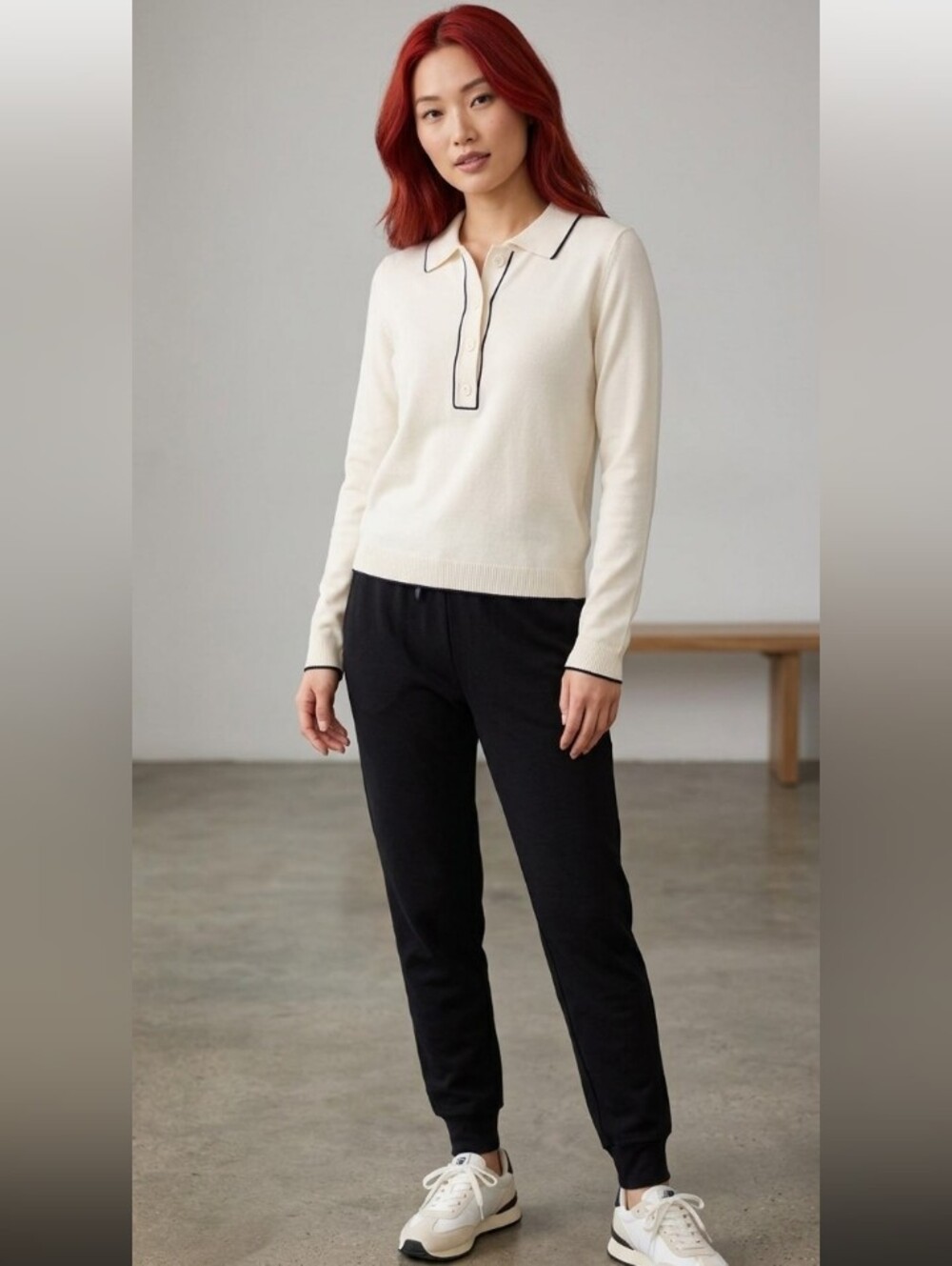 Max Studio Cream V-Neck Polo Sweater with Black Trim